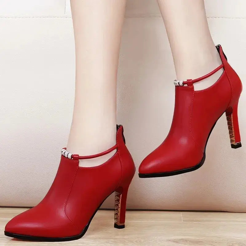 Side view of red PU leather ankle boots showcasing their bold style.