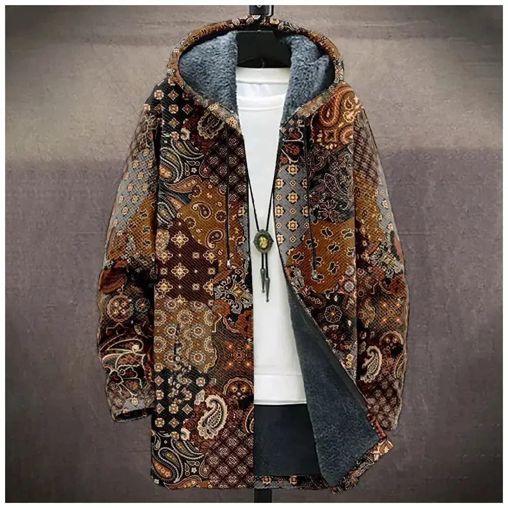 Detail view of soft fleece lining inside tribal print hooded cardigan