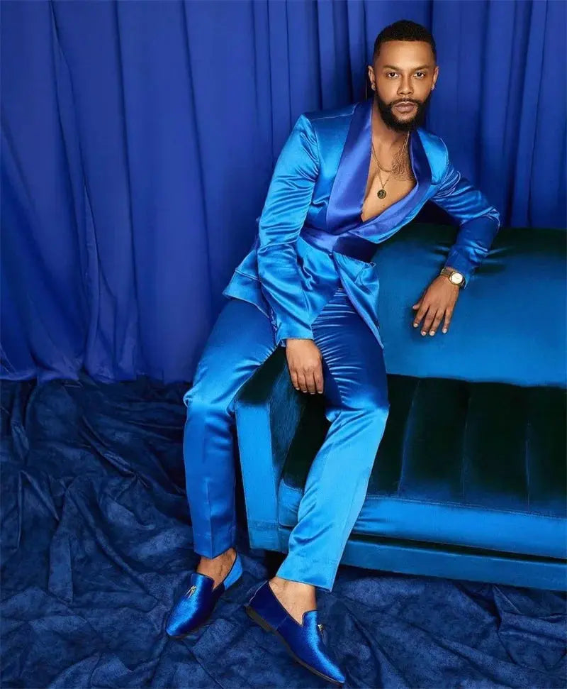 Side view of royal blue tuxedo, highlighting its sleek silhouette.