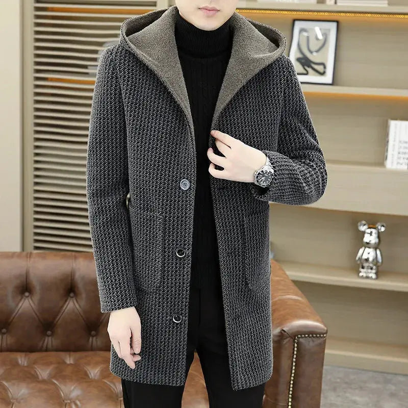 Back view of the hooded wool coat highlighting its durable composition and quality craftsmanship.
