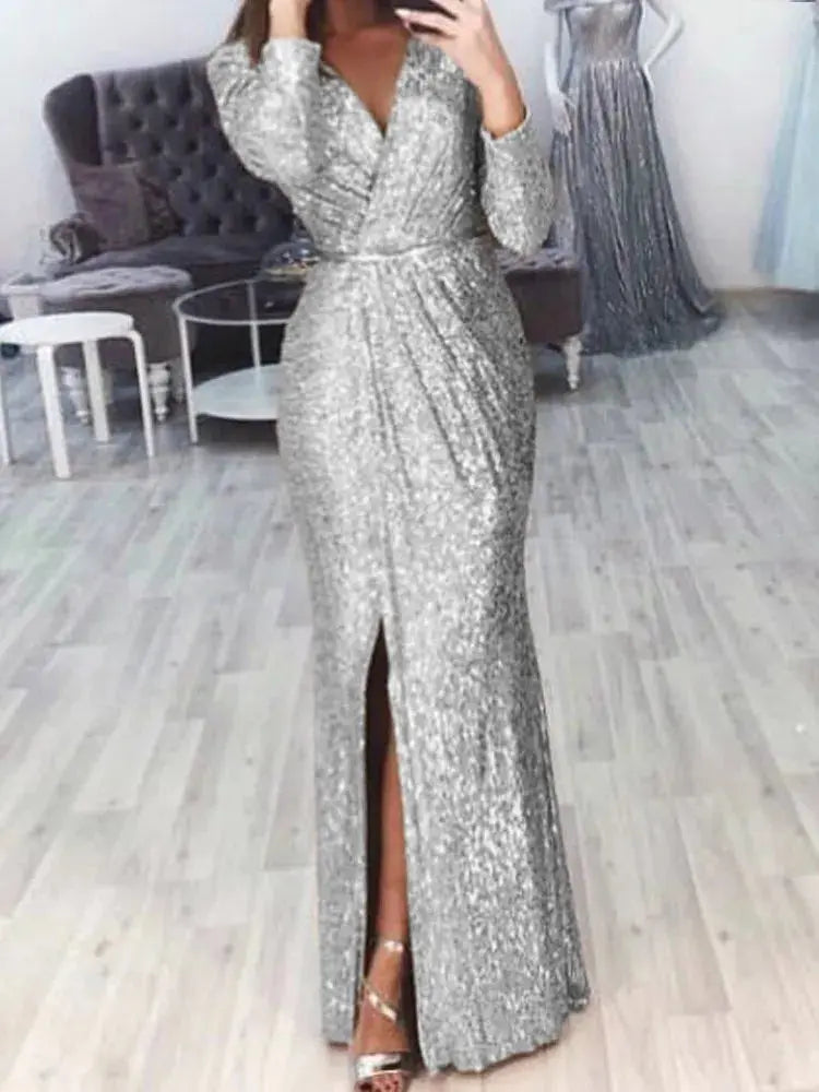 Midnight Sparkle Gown in deep navy with a dramatic high slit and deep V-neck.