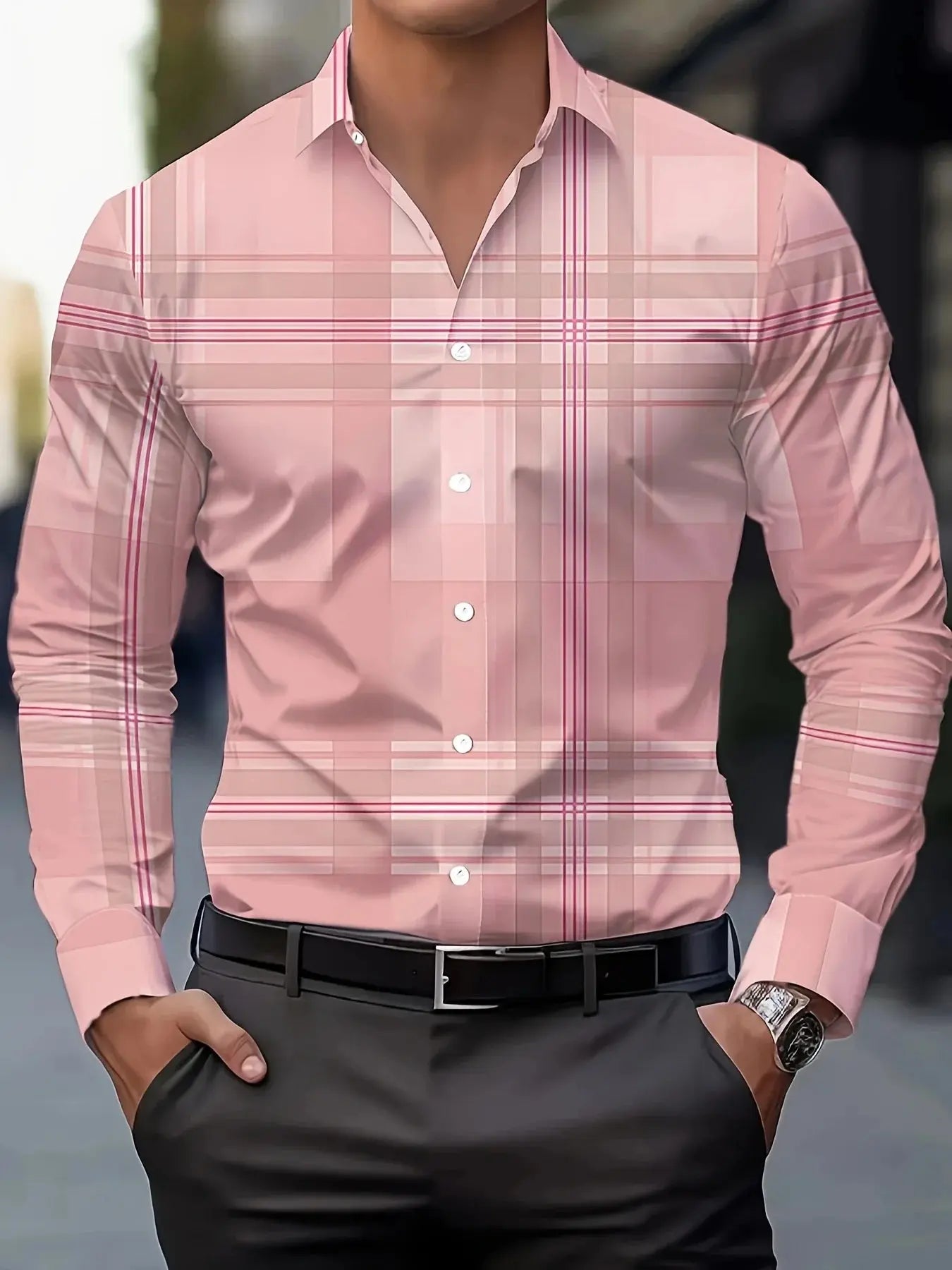 Model wearing the striped confidence shirt, demonstrating its versatility for business and formal occasions.