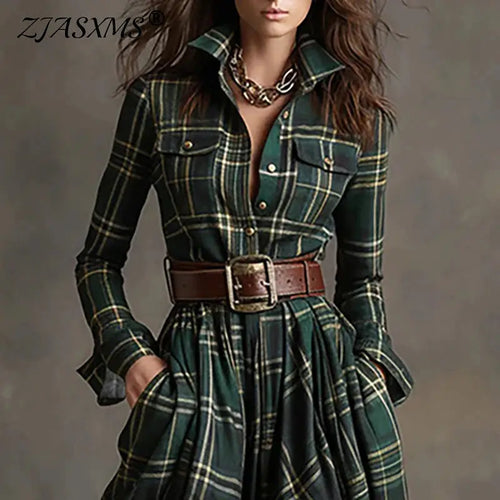 Autumn Whisper Maxi dress in plaid with flowing silhouette and button accents.