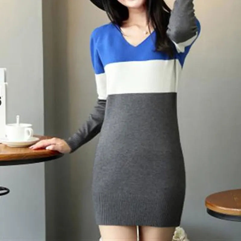 Model wearing the body-hugging striped mini dress, showcasing its flattering fit.