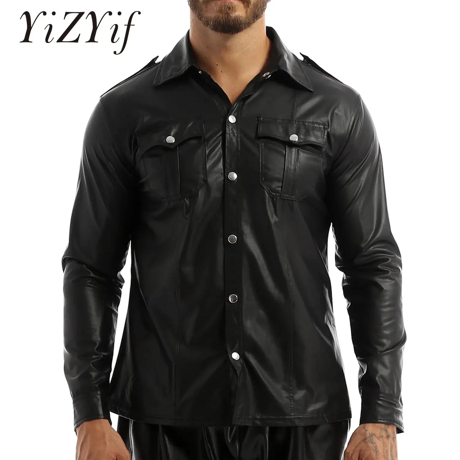 Patent leather metallic shirt with reflective sheen for men's evening wear