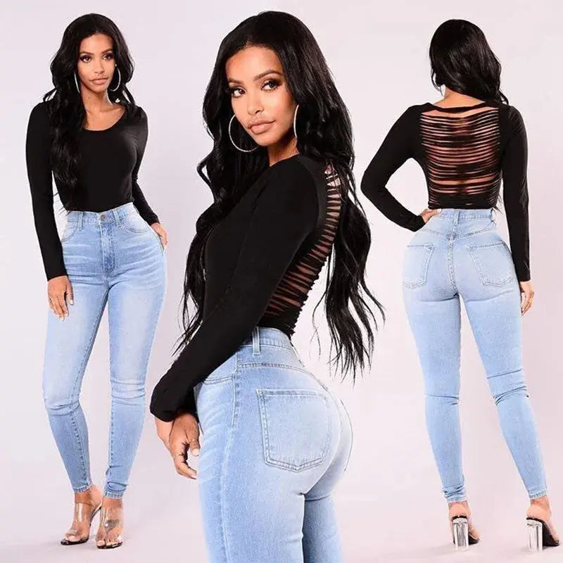 Back view of Contour High-Waist Jeans, emphasizing the snug fit and quality stretch fabric.