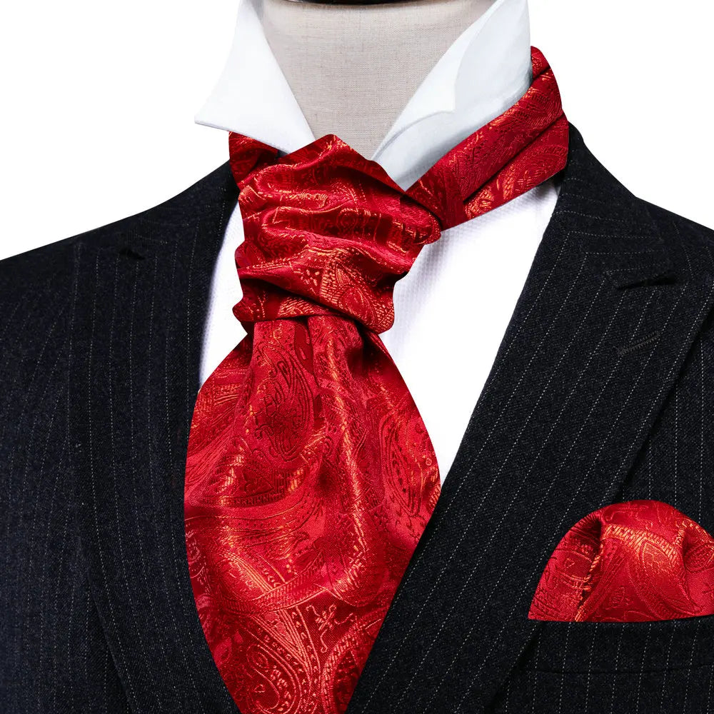 Refined silk ascot tie gift set with pocket square and cufflinks in timeless paisley design
