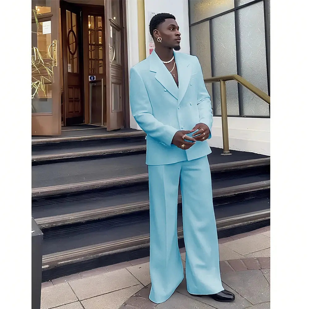 Full-length view of a model in a sophisticated black suit.