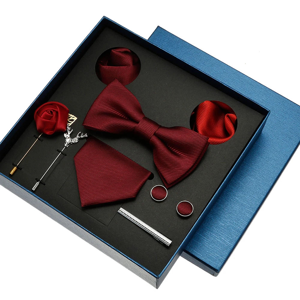Silk wedding tie set with matching bowtie, pocket square and cufflinks in elegant gift box