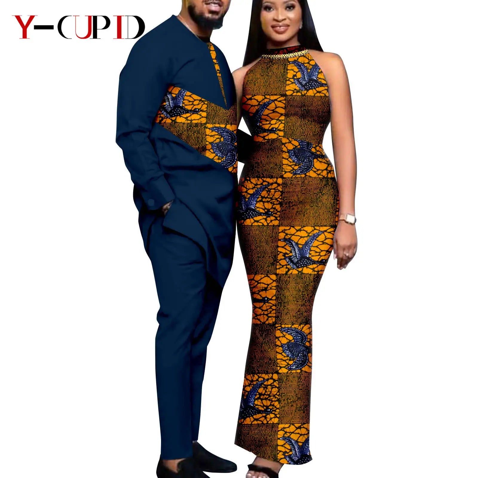 African Print Dresses for Women Couple Matching Clothing for Wedding Men Outfits Dashiki Top and Pants Sets Bazin Riche Y23C030