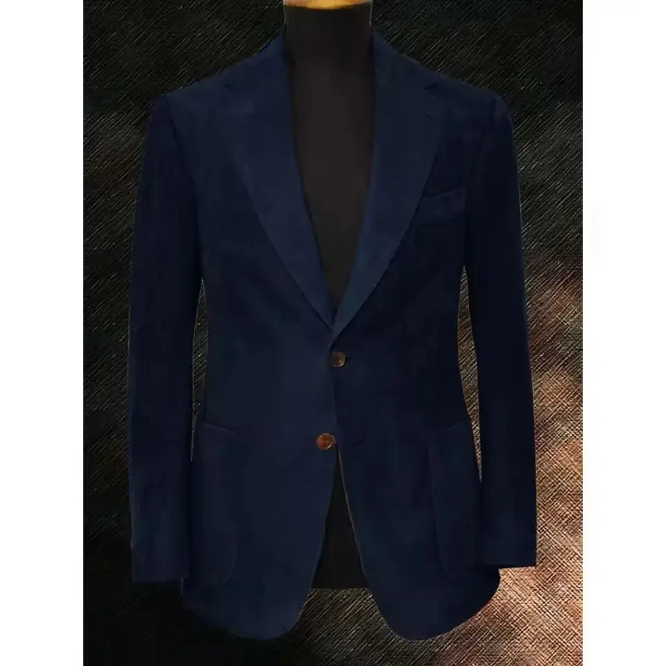 Detail shot of jacket buttons, highlighting premium craftsmanship and tailored finish.