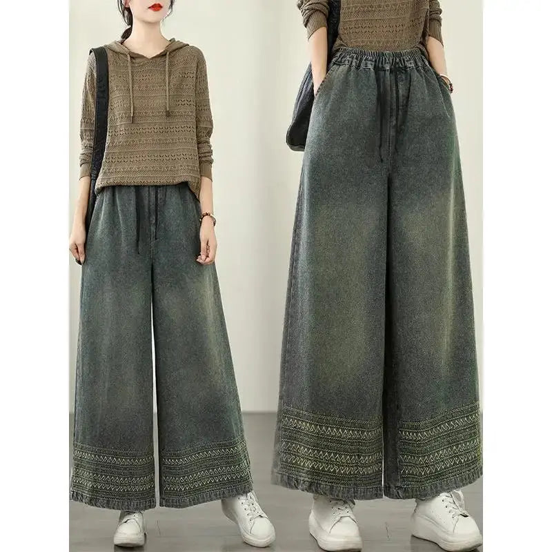 Wide-leg denim jeans showcasing artisan crafted details and comfort.