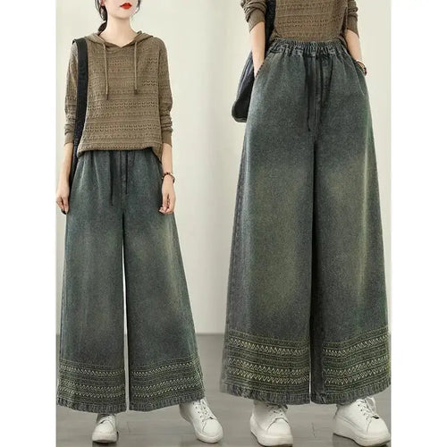 Wide-leg denim jeans showcasing artisan crafted details and comfort.