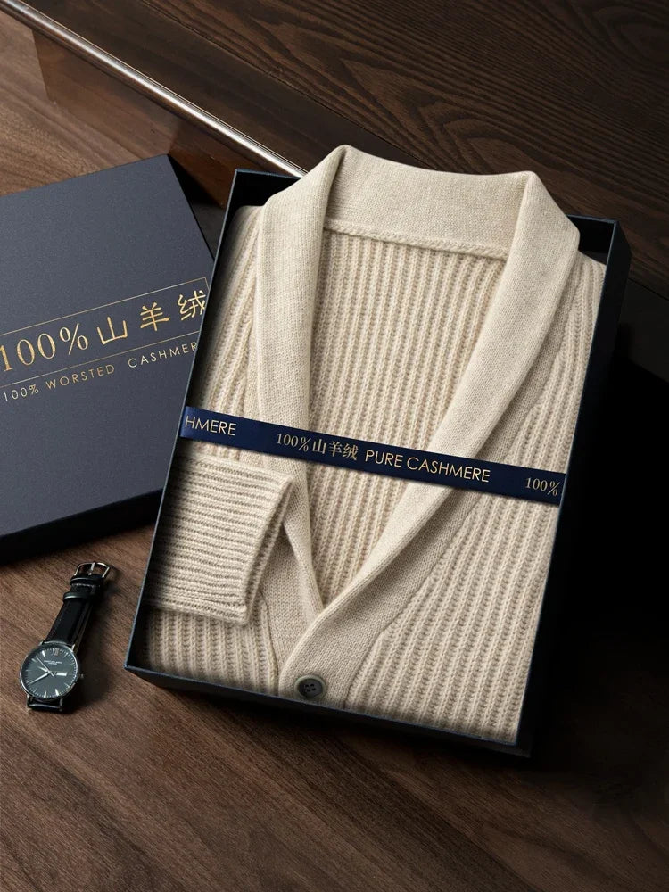 Men's luxury cashmere knit cardigan featuring classic turn-down collar and regular fit silhouette