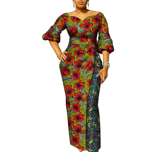 Patchwork Ankara maxi dress with dramatic lantern sleeves in vibrant floral wax batik cotton