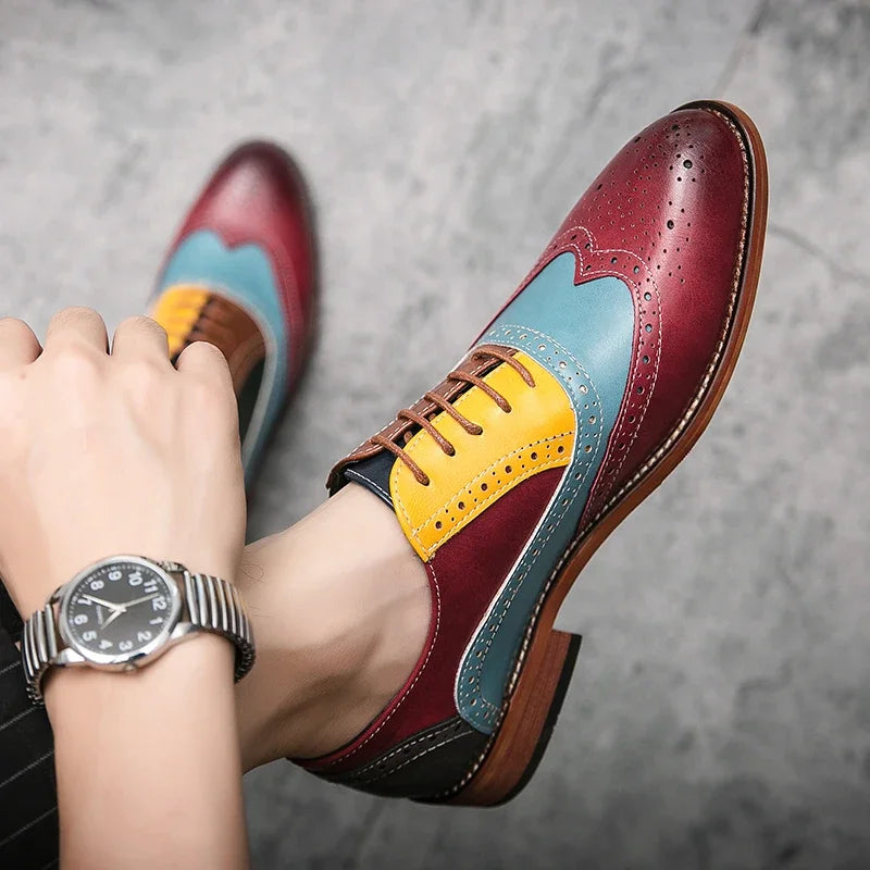 Close-up of vibrant mixed color patterns on stylish men's oxfords.