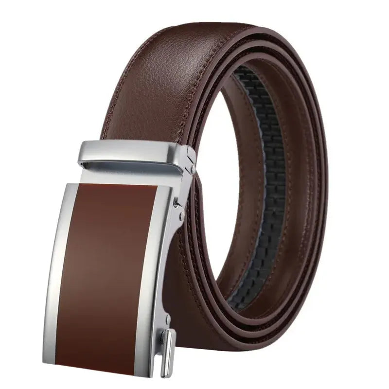 Elegant black leather belt with automatic buckle for a polished appearance.