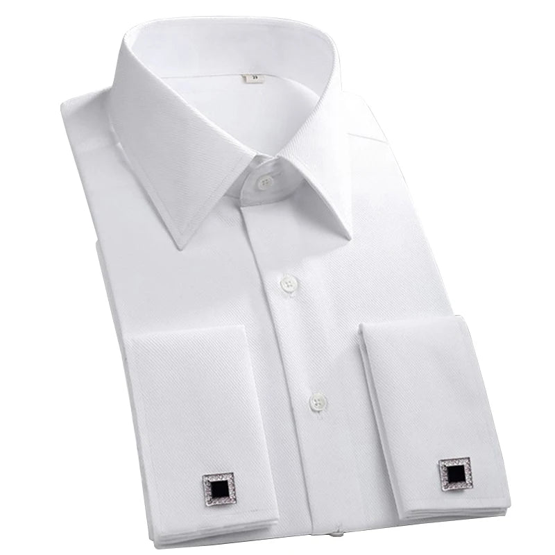 Boardroom ready dress shirt in wrinkle-resistant polyester cotton twill blend with French cuffs