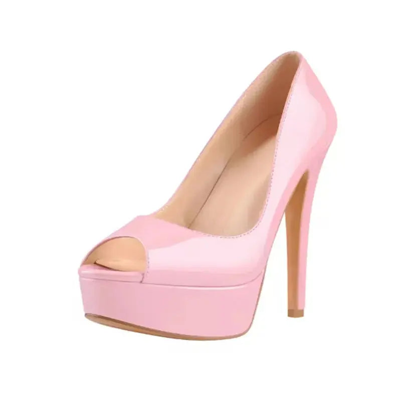 Professional nude patent peep toe platform heels with dramatic stiletto and hidden support