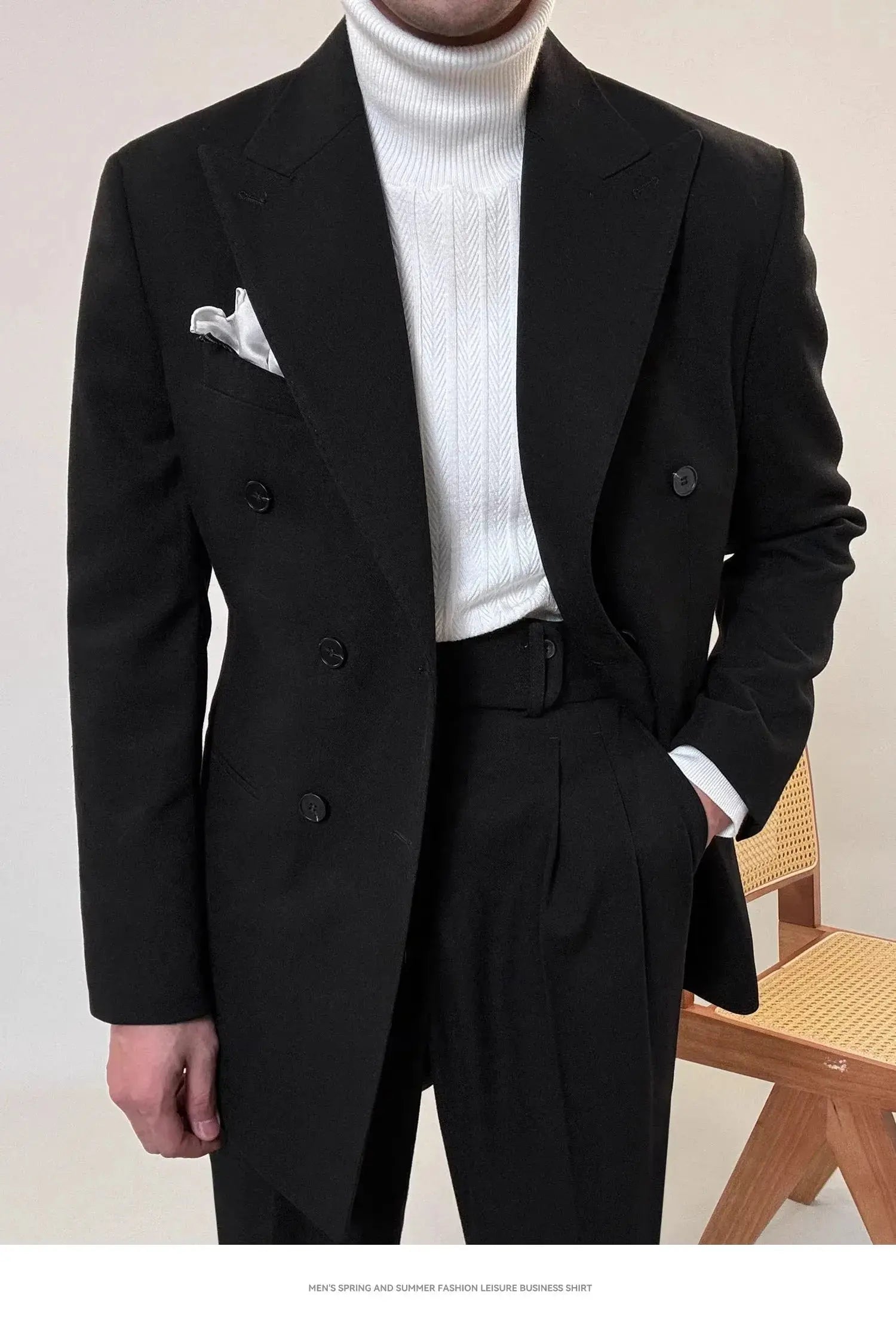 Men's power suit with accessories, showcasing its adaptability for weddings and proms.