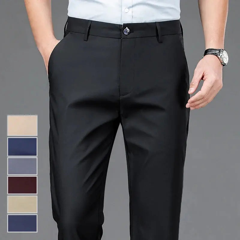 Sleek black adaptive trousers with subtle sheen, perfect for professional attire.