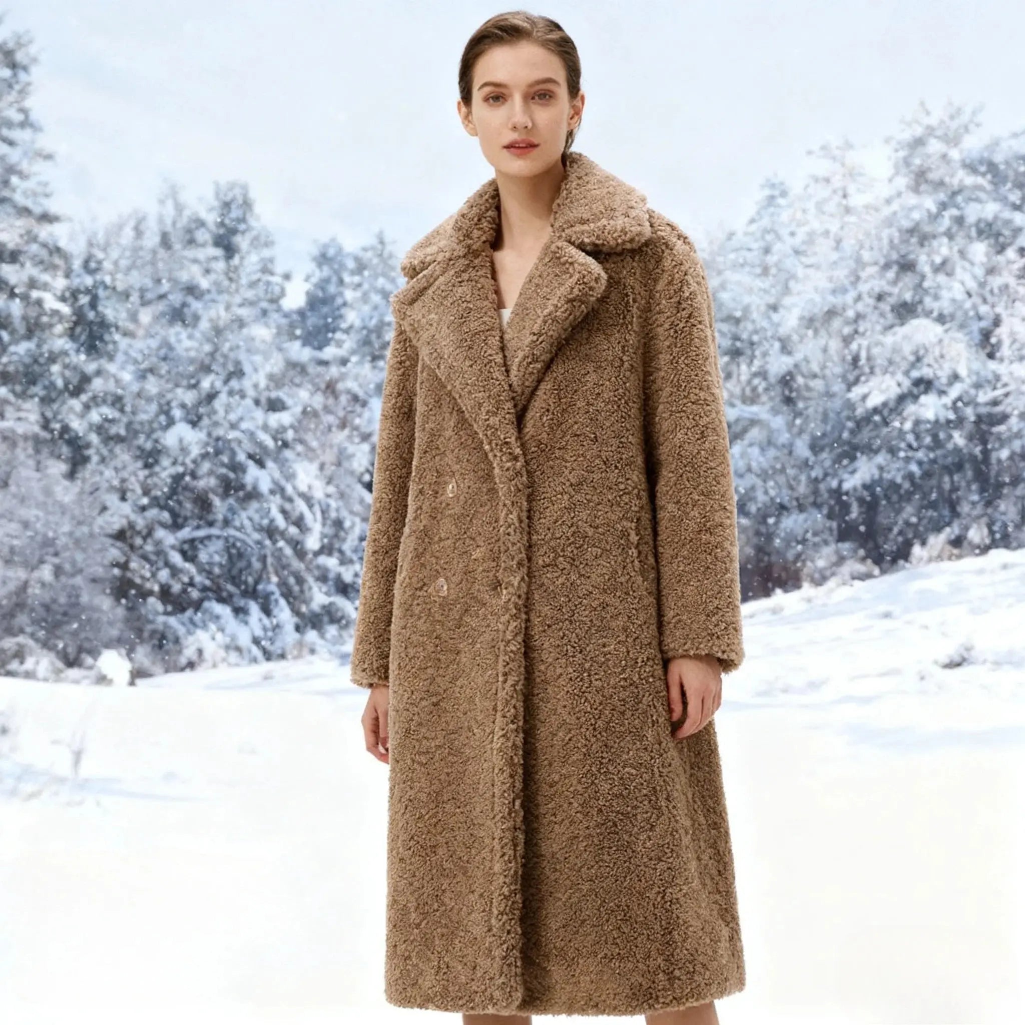 Elegant Winter Whisperer coat in deep navy, featuring a refined V-neck collar.