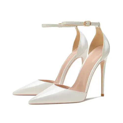 Close-up of ankle strap detail on luxury footwear.