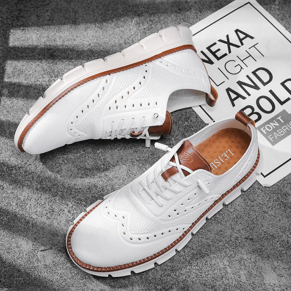 Men's casual dress sneakers with authentic British brogue perforations and all-weather rubber sole