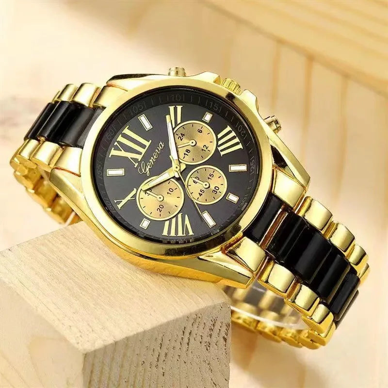 Golden quartz watch with black dial and stainless steel band for a sophisticated look.