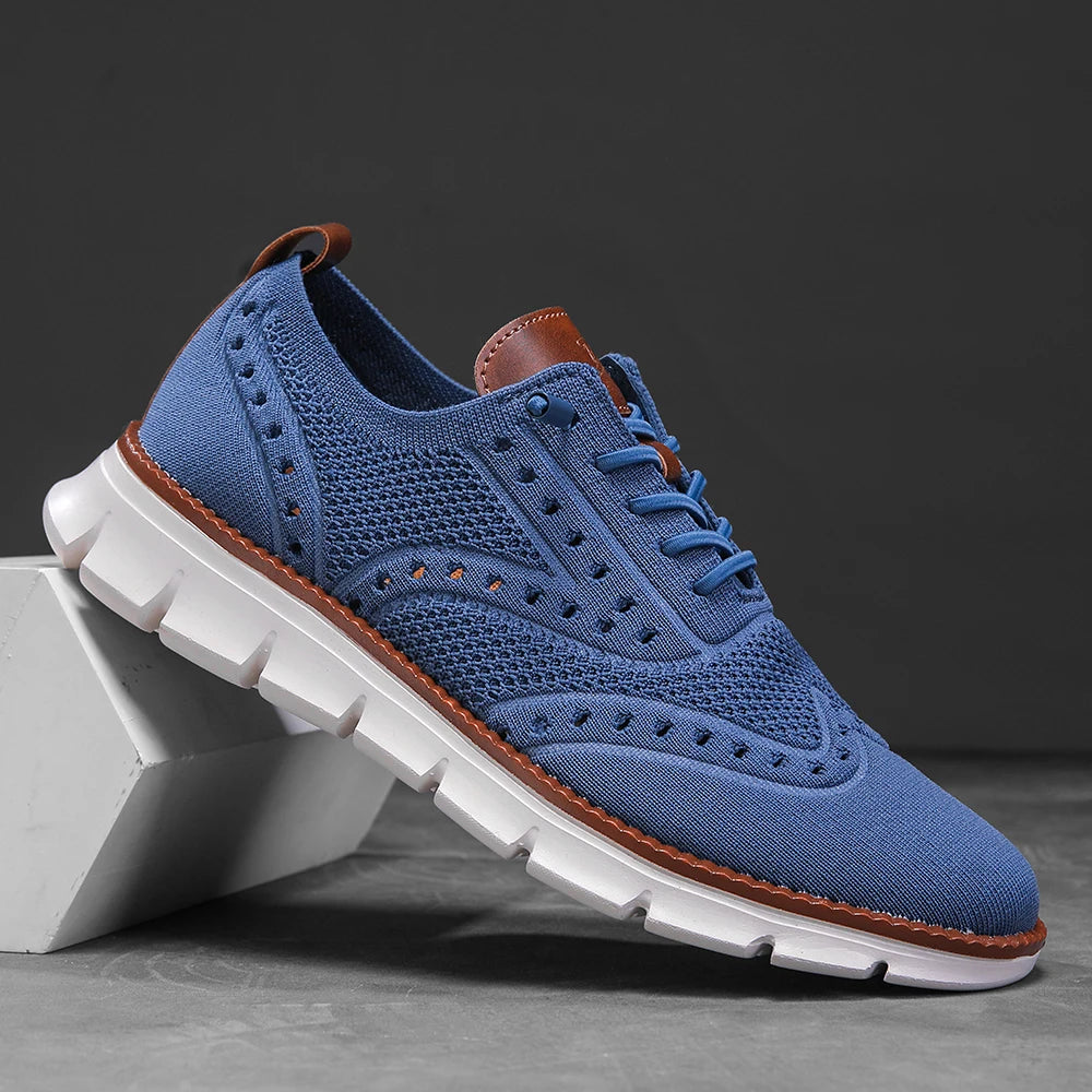British wingtip brogue sneakers in tan with breathable mesh panels and classic perforated detailing