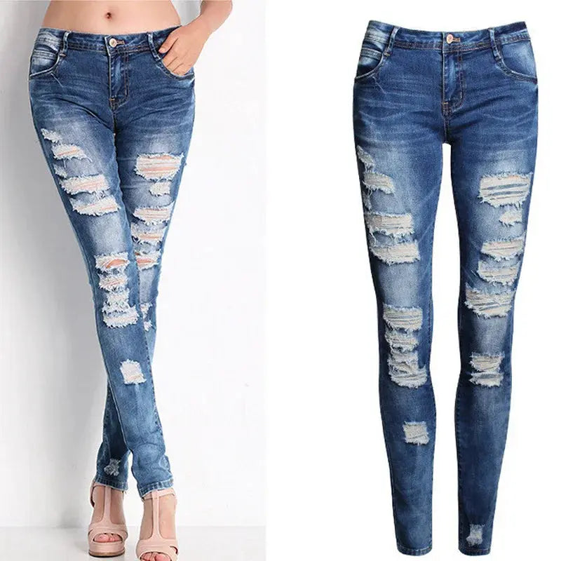 High-waisted red ripped jeans showcasing a vintage style with modern chic appeal.