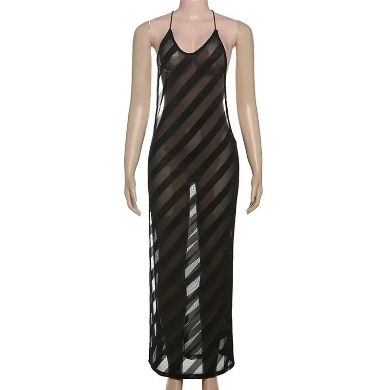 Detail shot of the fabric texture, showcasing the durable polyester blend of the halter dress.