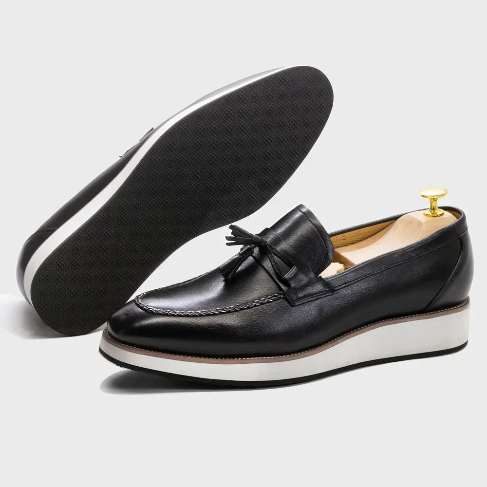Dark brown leather tassel loafers with cushioned insole and 3.5 cm heel for all-day comfort