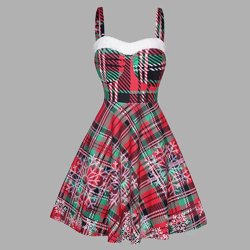 Full-length view of the Holiday Radiance Sleeveless Dress, showcasing its vibrant colors and elegant style.