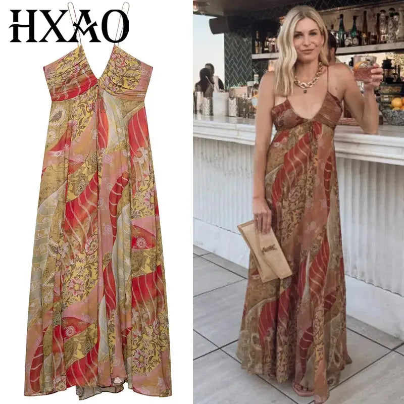 Flowy ankle-length Summer Breeze Midi Dress in lightweight polyester with ruffled V-neck.