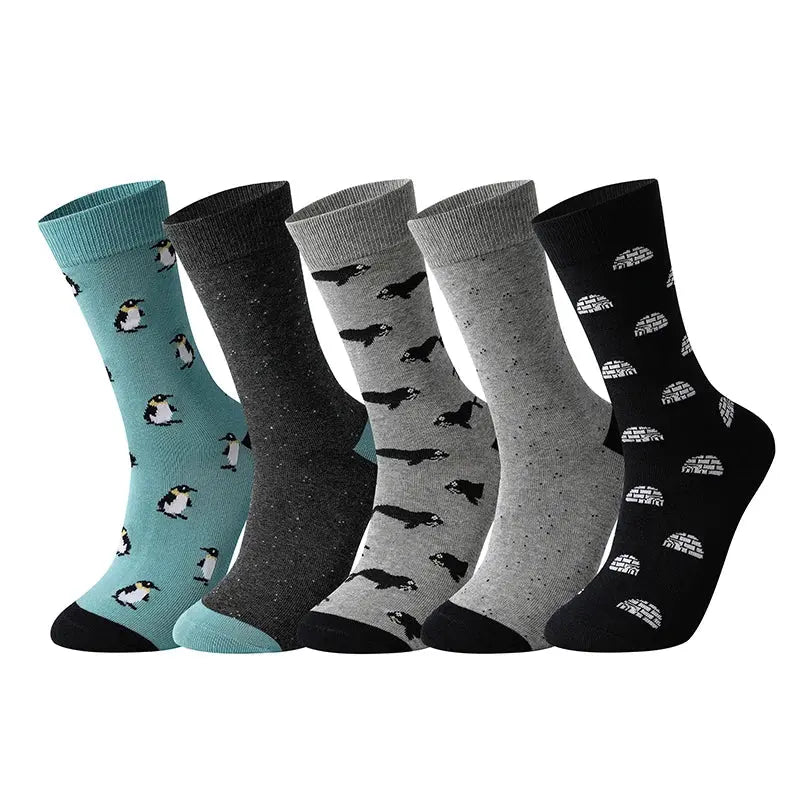 Men's mid-calf socks featuring playful animal prints for a fun office look.