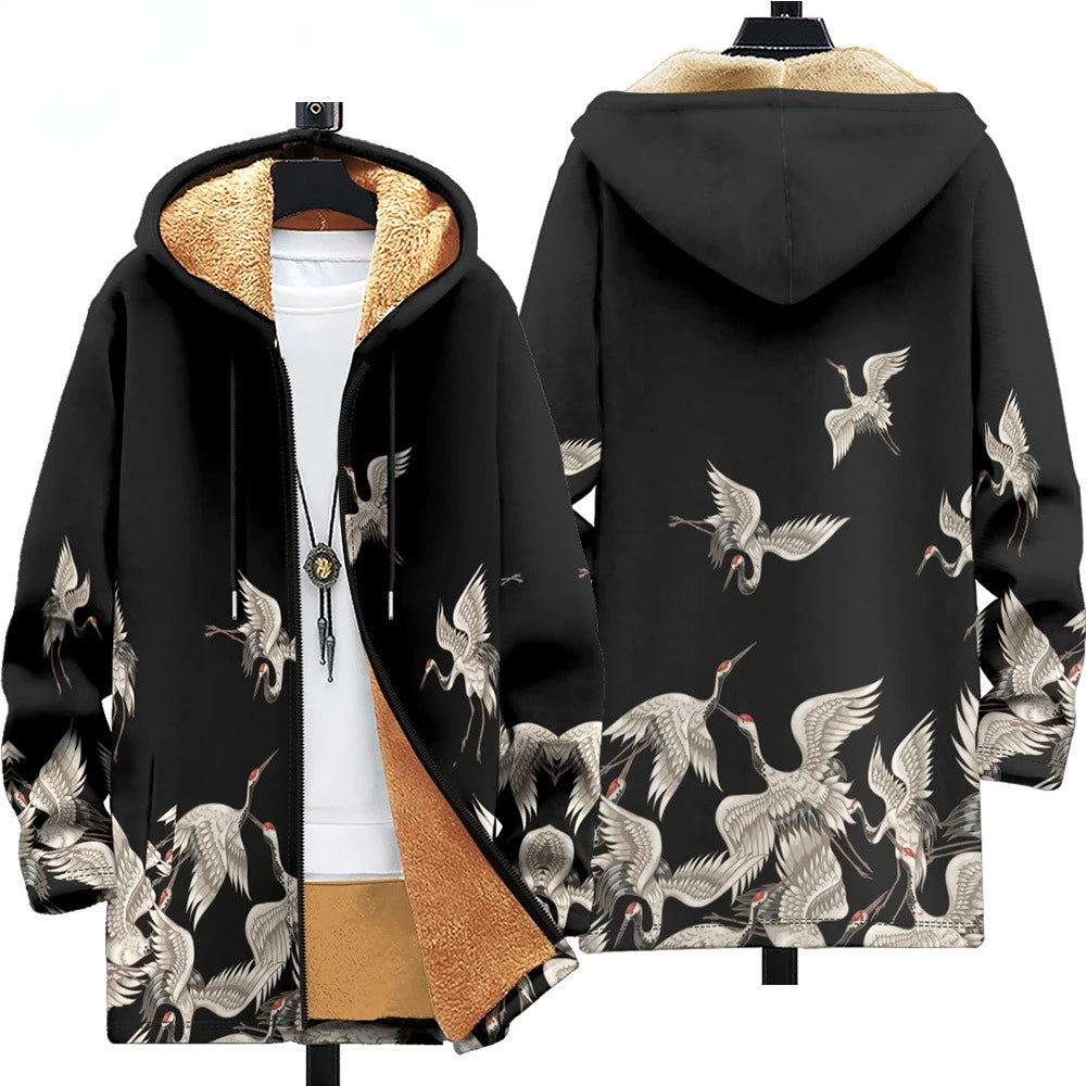 Art-inspired puffer coat with hood, warm polyester fill, and striking graphic design