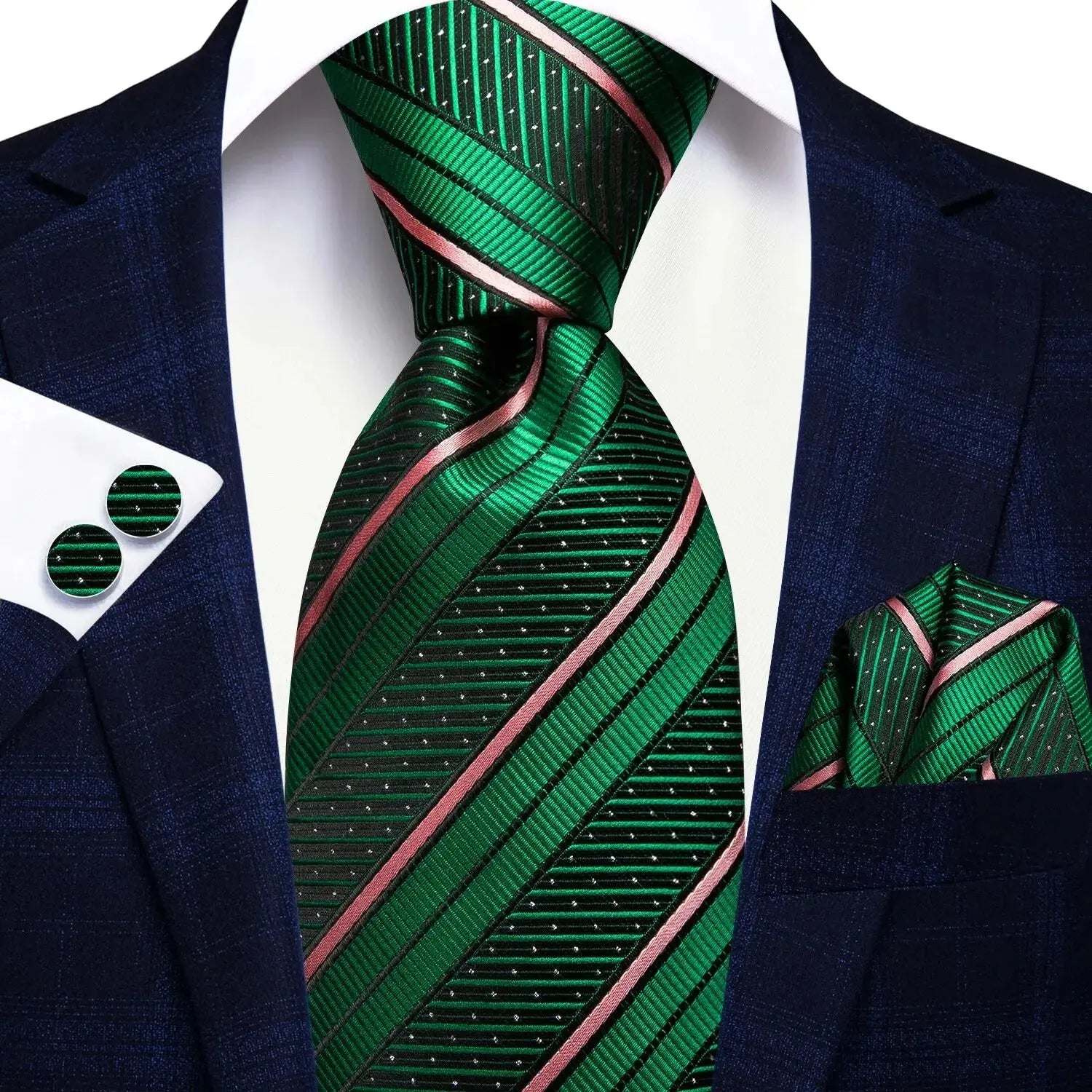Silk tie draped over a suit jacket, emphasizing its elegance.