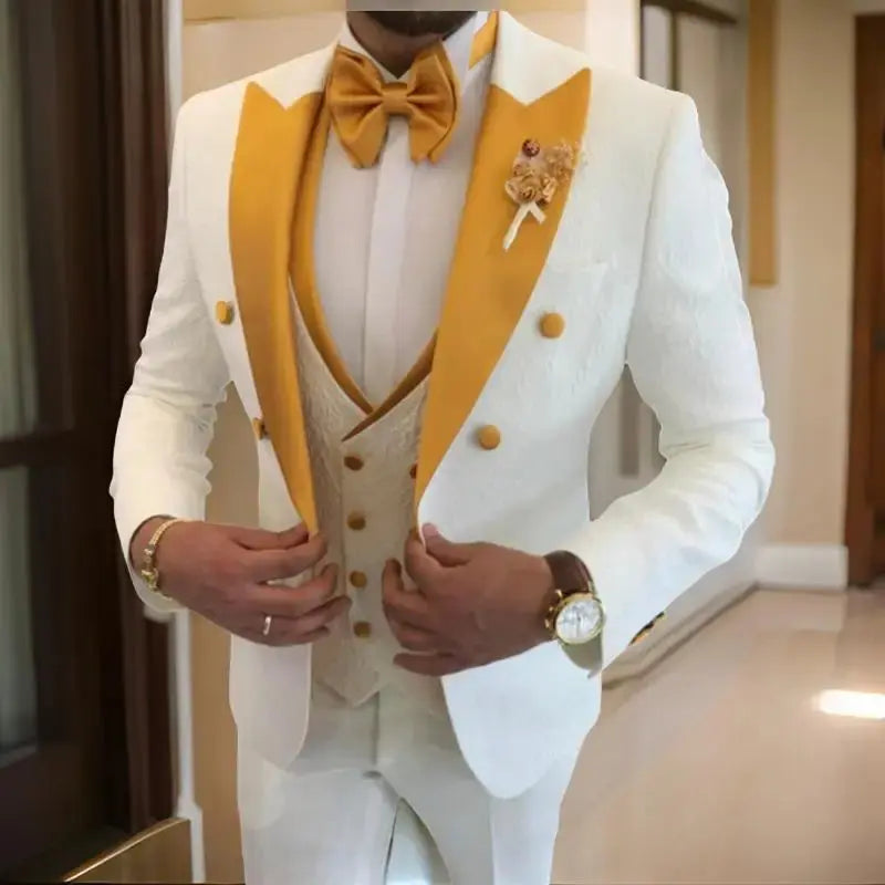 Double-breasted groom's floral suit in rich navy with peak lapels.
