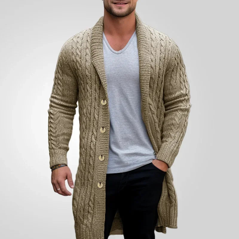Autumn Whisper Cardigan in solid color, mid-length, featuring a classic turn-down collar.