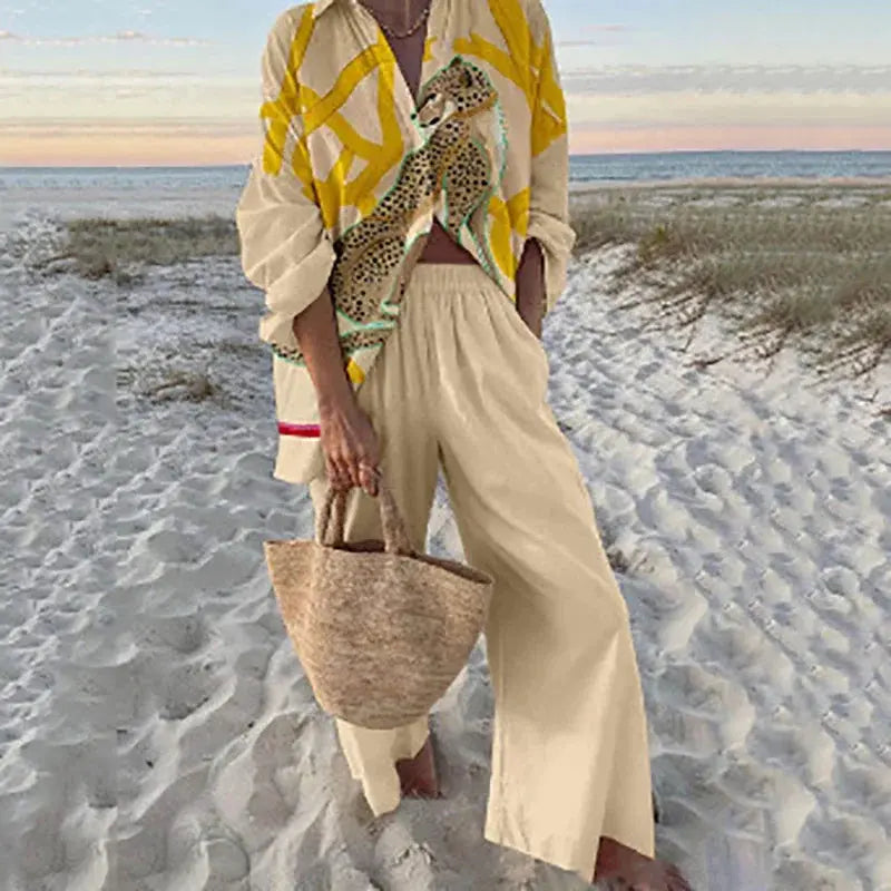 Elegant beach attire: breezy two-piece set for summer fun.