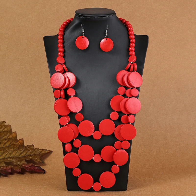 African Wedding Party Wooden Beads Necklace & Earring Jewelry Set