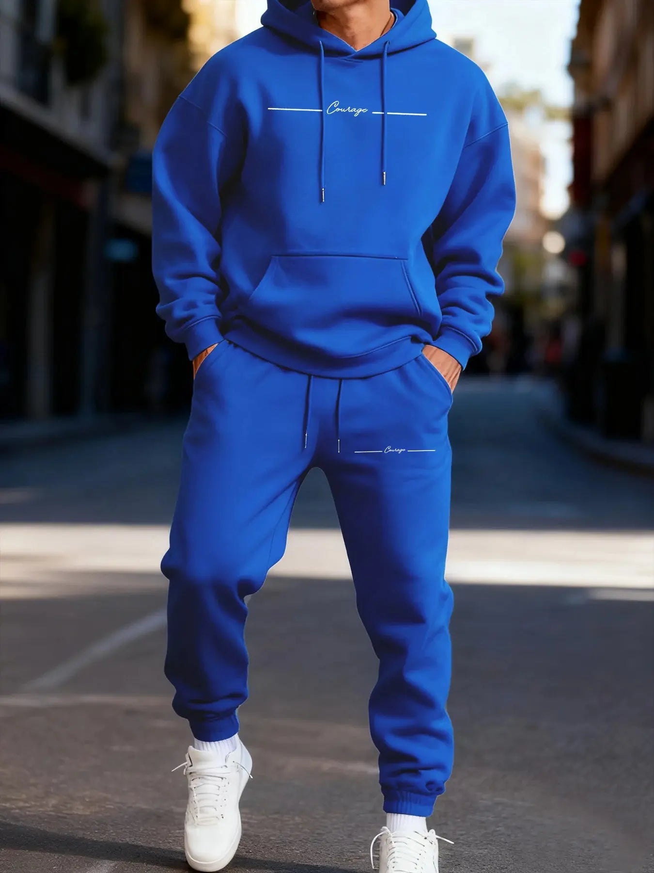 Urban Comfort fleece hoodie set displayed on a hanger, showcasing its cozy material.