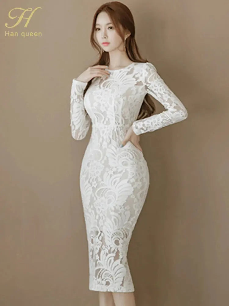 Model wearing tailored lace dress, highlighting its sophisticated silhouette and comfort.