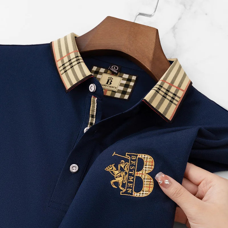 Button-front polo shirt featuring contrast collar design and embroidered elements in blended fabric