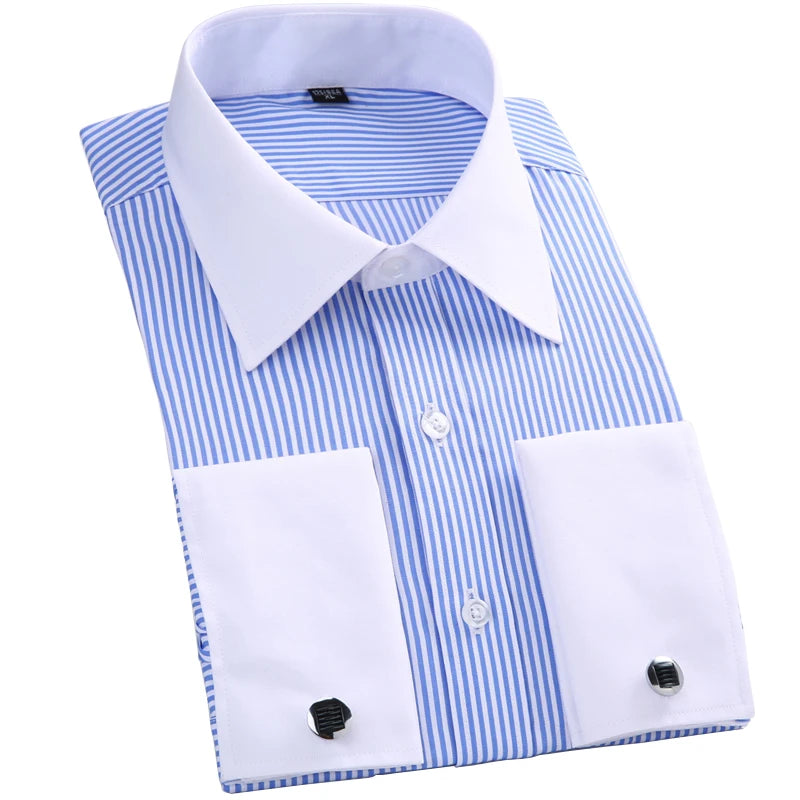 French cuff dress shirt styled for executive boardroom meetings and formal business occasions
