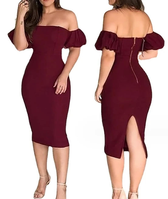 Elegant wine red dress featuring eye-catching bubble sleeves and a shape-enhancing silhouette.