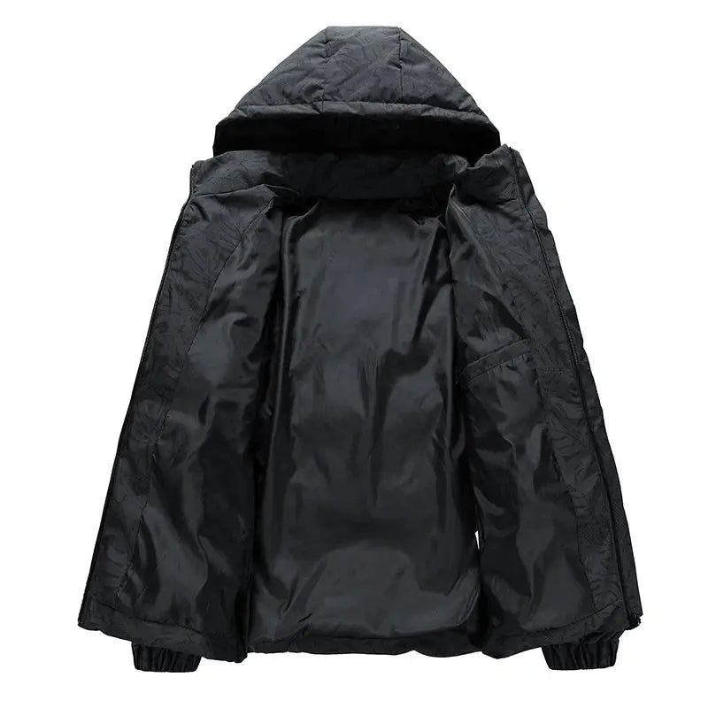 Detail of the adaptive hood on the Brisk Winter Wanderer coat, designed for customizable warmth.