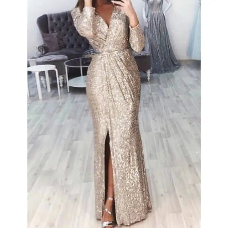 Back view of the Midnight Sparkle Gown, emphasizing the seamless fit and long sleeves.
