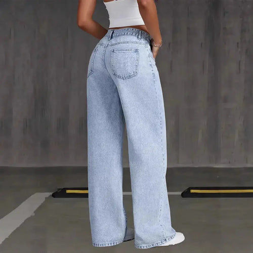 Close-up of breathable fabric showcasing subtle stretch in wide-leg denim jeans.
